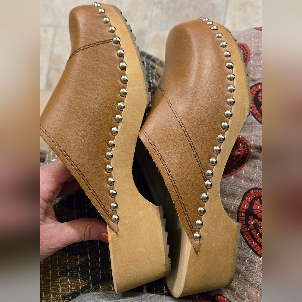 Studded Tan Leather Women's Clogs